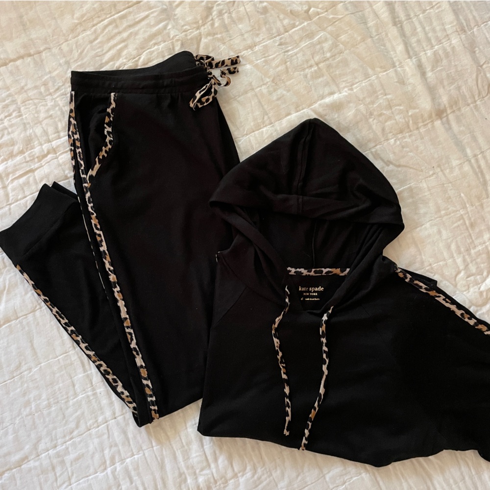 Kate Spade Black and Leopard Sweater Athleisure Top and Bottom (Sold As A Set)